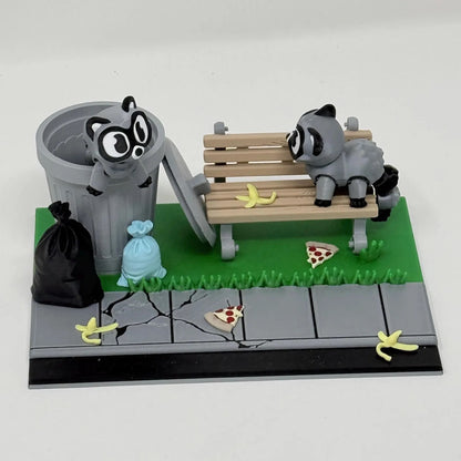 Raccoon With Bench And Trashcan