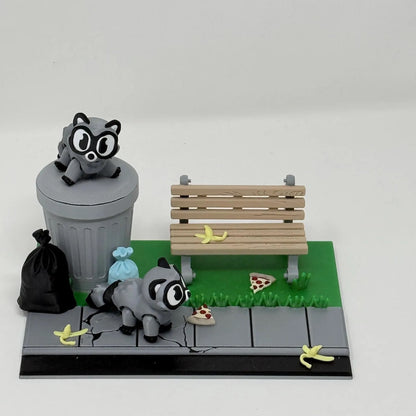 Raccoon With Bench And Trashcan